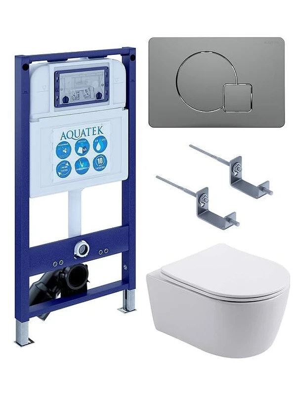 Комплект унитаза с инсталляцией Aquatek Set Aquatek Европа New-070 4в1 цвет Белый с сиденьем Микролифт и клавишей смыва цвет Оружейная сталь