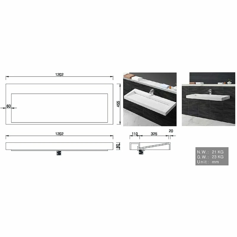 Раковина Boheme Armadi Art Flat 120 859-120-1 Белая искусственный камень (литьевой мрамор) подвесная