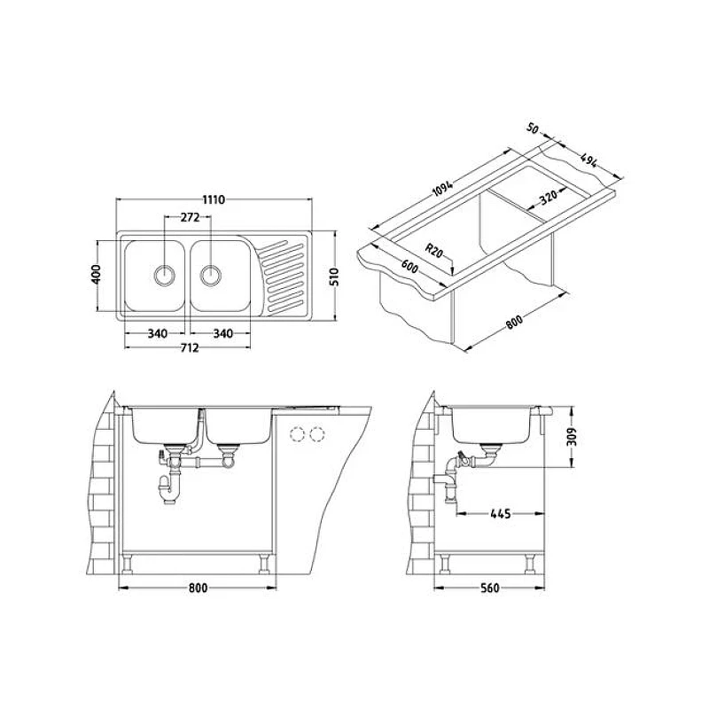 Кухонная мойка Alveus Elegant 70 SAT-90 1110x510 1009386 Сатинированная сталь нержавеющая сталь встраиваемый