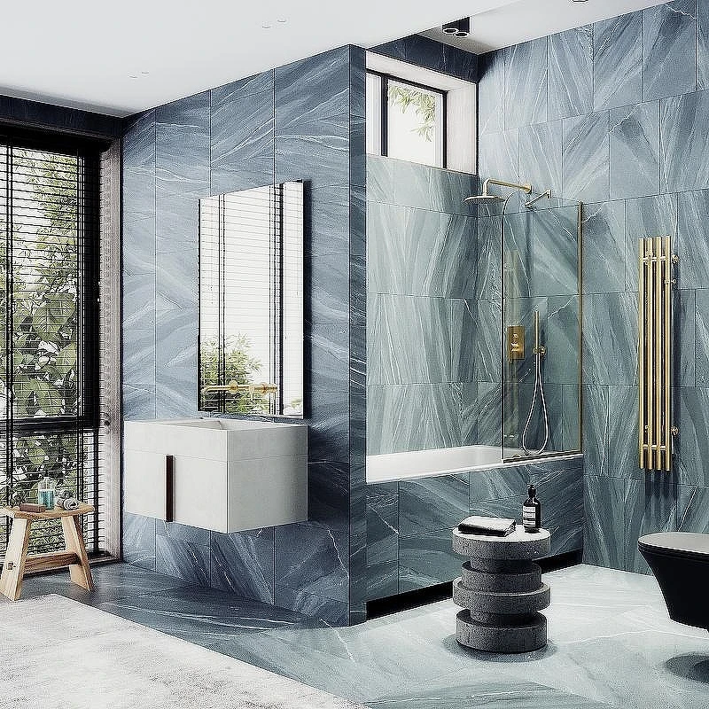 Шторка на ванну Maybah Glass MGV-144-3у 640x1400 в узком профиле Золото стекло прозрачное