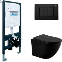 Комплект унитаза с инсталляцией Abber Bequem AC1100MB-AC0105-AC0120MB с сиденьем Микролифт и Черной матовой клавишей смыва фаянс подвесной