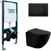 Комплект унитаза с инсталляцией Abber Bequem AC1100MB-AC0105-AC0120MB с сиденьем Микролифт и Черной матовой клавишей смыва фаянс подвесной