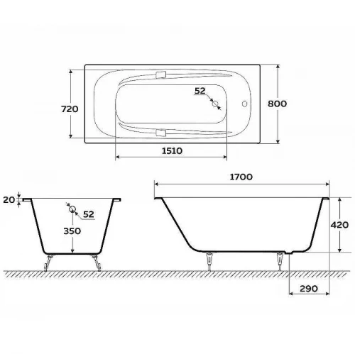 Чугунная ванна Delice Flex 170x80 DLR230631R-AS с отверстиями под ручки с антискользящим покрытием