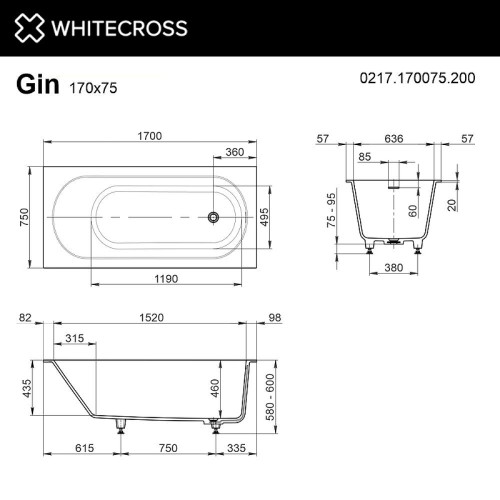 Ванна из искусственного камня Whitecross Gin 170x75 0217.170075.200.ULTRA.WH цвет Белый матовый с гидромассажем форсунки Белые