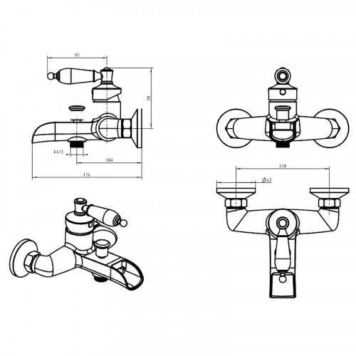 Смеситель для ванны Boheme Vogue 223 Хром латунь на стену