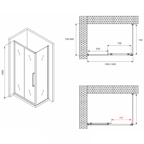 Душевой уголок Abber Schwarzer Diamant 140x80 AG30140BMH-S80BM профиль Черный стекло матовое