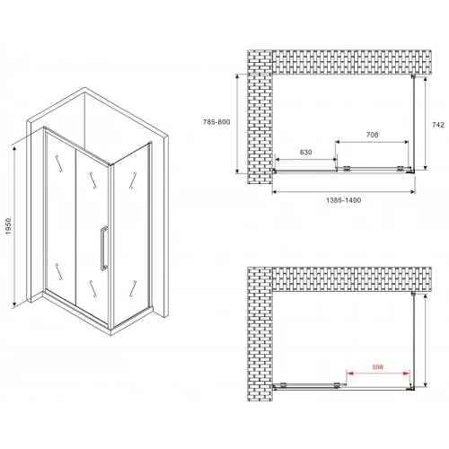 Душевой уголок Abber Schwarzer Diamant 140x80 AG30140BMH-S80BM профиль Черный стекло матовое