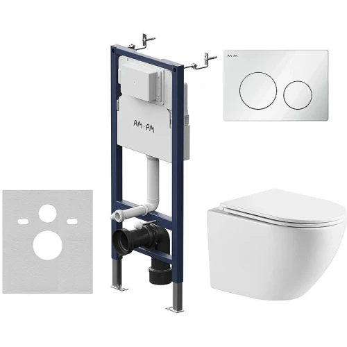 Комплект унитаза WellWant Aura WWU01121WK с инсталляцией AM.PM PrimeFit I012709.0101 с сиденьем Микролифт и Белой глянцевой клавишей смыва