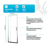 Душевая дверь WasserKRAFT Berkel 90 48P04 профиль Хром стекло прозрачное