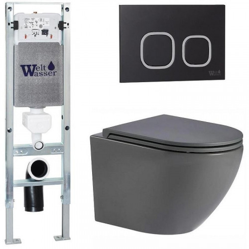 Комплект унитаза с инсталляцией WeltWasser AMBERG 350 ST + MERZBACH 043 MT-GR + AMBERG RD-BL 10000011365 цвет Серый матовый с сиденьем Микролифт и клавишей смыва цвет Черный