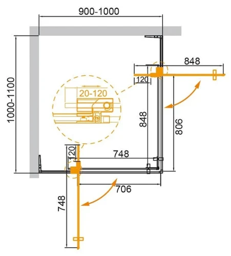 Душевой уголок Cezares Slider 110х100 SLIDER-AH-2-90/100-100/110-GRIGIO-BORO профиль цвет Брашированное золото стекло серое