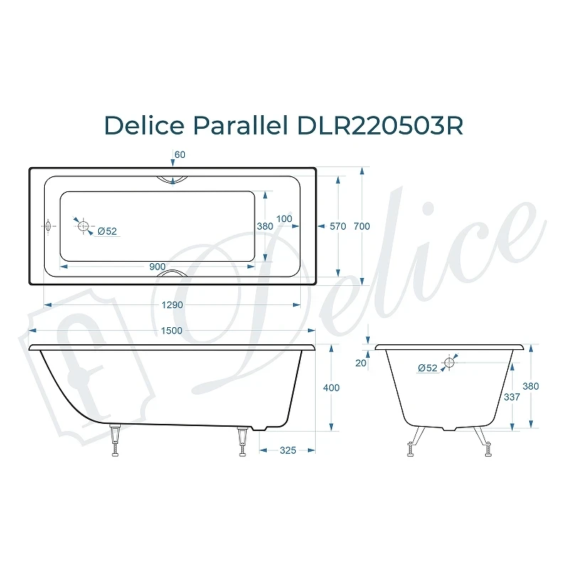 Чугунная ванна Delice Parallel 150x70 DLR220503RB с черными матовыми ручками без антискользящего покрытия