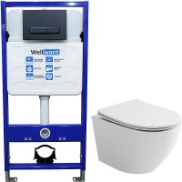 Комплект унитаза Ceramicanova Uno Rimless CN11001 с инсталляцией WellWant Standart 50 WWISI111BB с сиденьем Микролифт и Черной матовой клавишей смыва фарфор подвесной
