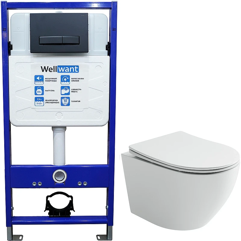 Комплект унитаза Ceramicanova Uno Rimless CN11001 с инсталляцией WellWant Standart 50 WWISI111BB с сиденьем Микролифт и Черной матовой клавишей смыва фарфор подвесной