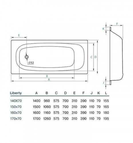 Стальная ванна Koller Pool Liberty 150x70 B50C2200E без антискользящего покрытия