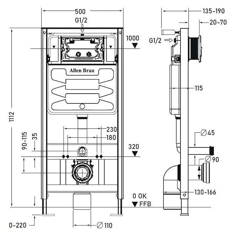 Инсталляция Allen Brau Pneumatic 9.11100.20 для унитаза без клавиши смыва пластик