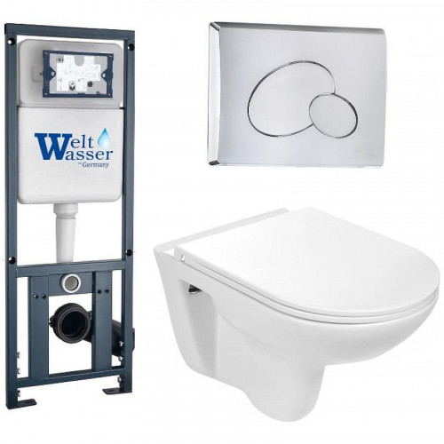 Комплект унитаза с инсталляцией WeltWasser MARBERG 410 + BAARBACH 004 GL-WT + MAR 410 RD-CR 10000006463 цвет Белый глянцевый с сиденьем Микролифт и клавишей смыва цвет Хром