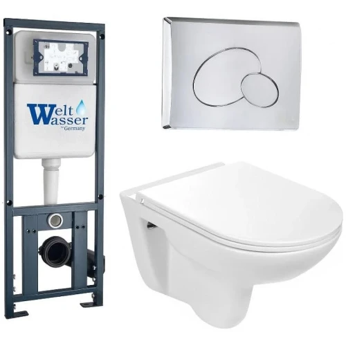 Комплект унитаза с инсталляцией WeltWasser MARBERG 410 + BAARBACH 004 GL-WT + MAR 410 RD-CR 10000006463 цвет Белый глянцевый с сиденьем Микролифт и клавишей смыва цвет Хром
