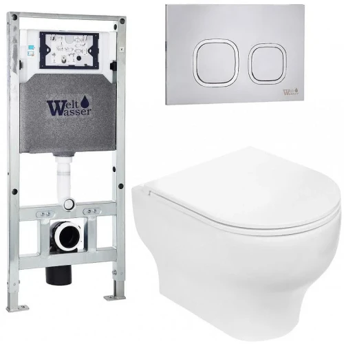 Комплект унитаза с инсталляцией WeltWasser AMBERG 506 ST + ERLENBACH 004 GL-WT + AMBERG RD-MT CR 10000006861 цвет Белый глянцевый с сиденьем Микролифт и клавишей смыва цвет Хром матовый