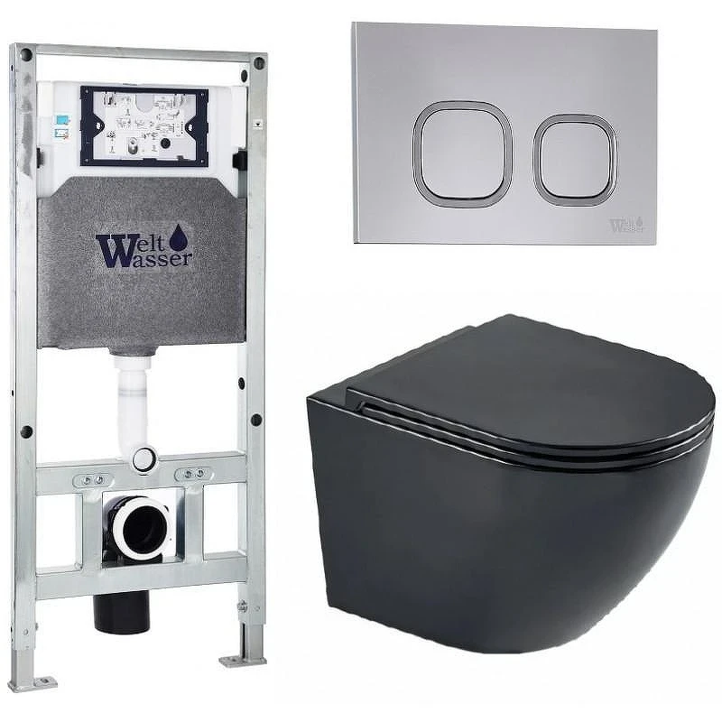 Комплект унитаза с инсталляцией WeltWasser AMBERG 506 ST + MERZBACH 043 MT-BL + AMBERG RD-CR 10000011346 цвет Черный матовый с сиденьем Микролифт и клавишей смыва цвет Хром