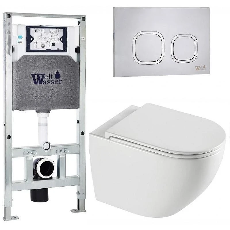 Комплект унитаза с инсталляцией WeltWasser AMBERG 506 ST + MERZBACH 043 XL GL-WT + AMBERG RD-MT CR 10000013783 цвет Белый глянцевый с сиденьем Микролифт и клавишей смыва цвет Хром матовый
