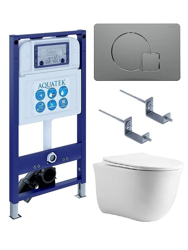 Комплект унитаза с инсталляцией Aquatek Set Aquatek Классик cm-070 4в1 цвет Белый с сиденьем Микролифт и клавишей смыва цвет Оружейная сталь
