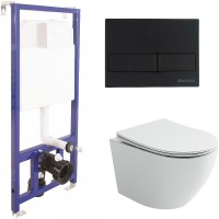 Комплект унитаза Ceramicanova Uno Rimless CN11001 с инсталляцией Berges Novum L5 040215 с сиденьем Микролифт и Черной матовой клавишей смыва фарфор подвесной