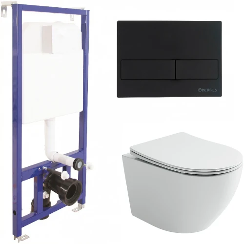 Комплект унитаза Ceramicanova Uno Rimless CN11001 с инсталляцией Berges Novum L5 040215 с сиденьем Микролифт и Черной матовой клавишей смыва фарфор подвесной