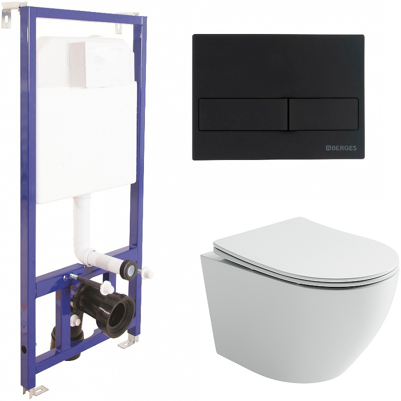 Комплект унитаза Ceramicanova Uno Rimless CN11001 с инсталляцией Berges Novum L5 040215 с сиденьем Микролифт и Черной матовой клавишей смыва фарфор подвесной