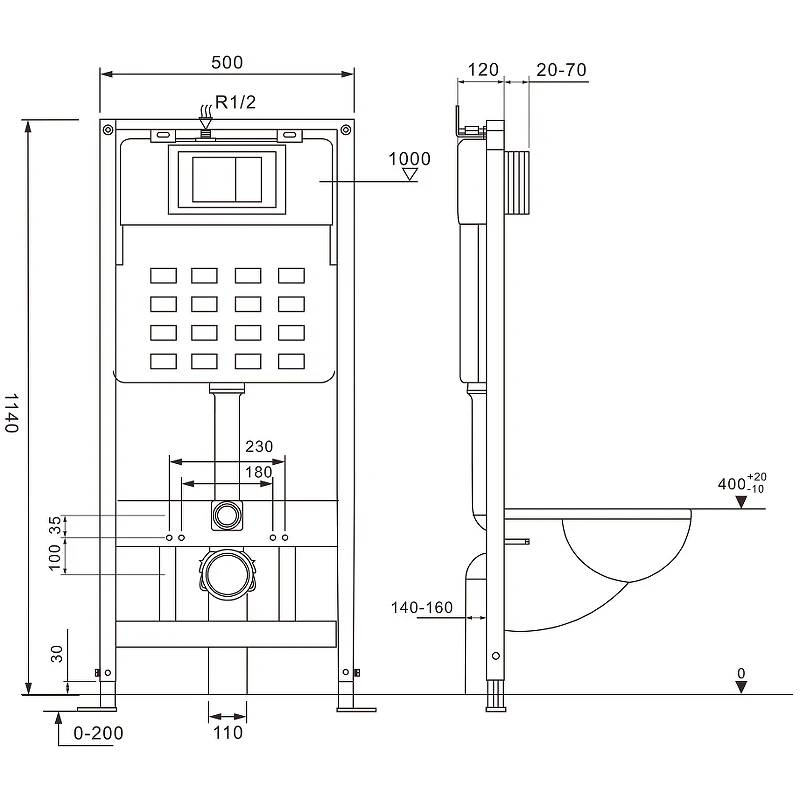 Комплект унитаза с инсталляцией Abber Bequem AC1100MB-AC0105-AC0121MB с сиденьем Микролифт и Черной матовой клавишей смыва фаянс подвесной