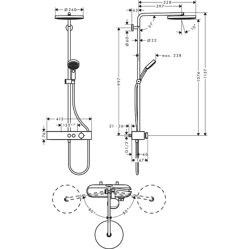 Душевая система Hansgrohe Pulsify S Showerpipe 260 1jet 24220000 с термостатом Хром латунь на стену