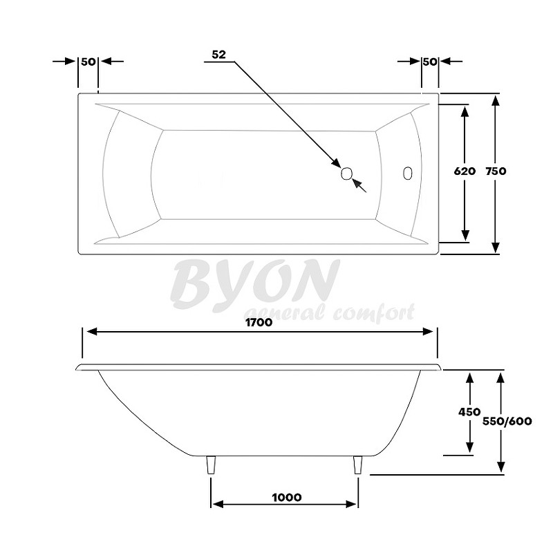 Чугунная ванна Byon Milan 170x75 V0000083 с антискользящим покрытием