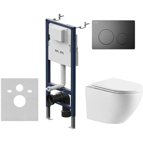 Комплект унитаза WellWant Aura WWU01121WK с инсталляцией AM.PM PrimeFit I012709.0138 с сиденьем Микролифт и Черной матовой клавишей смыва