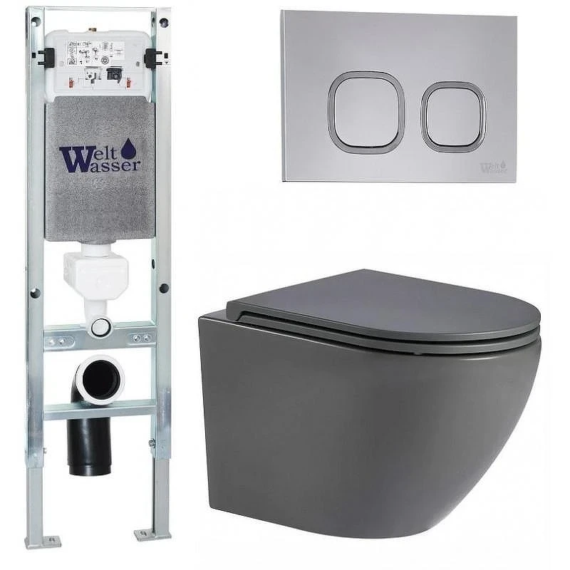 Комплект унитаза с инсталляцией WeltWasser AMBERG 350 ST + MERZBACH 043 MT-GR + AMBERG RD-CR 10000011366 цвет Серый матовый с сиденьем Микролифт и клавишей смыва цвет Хром