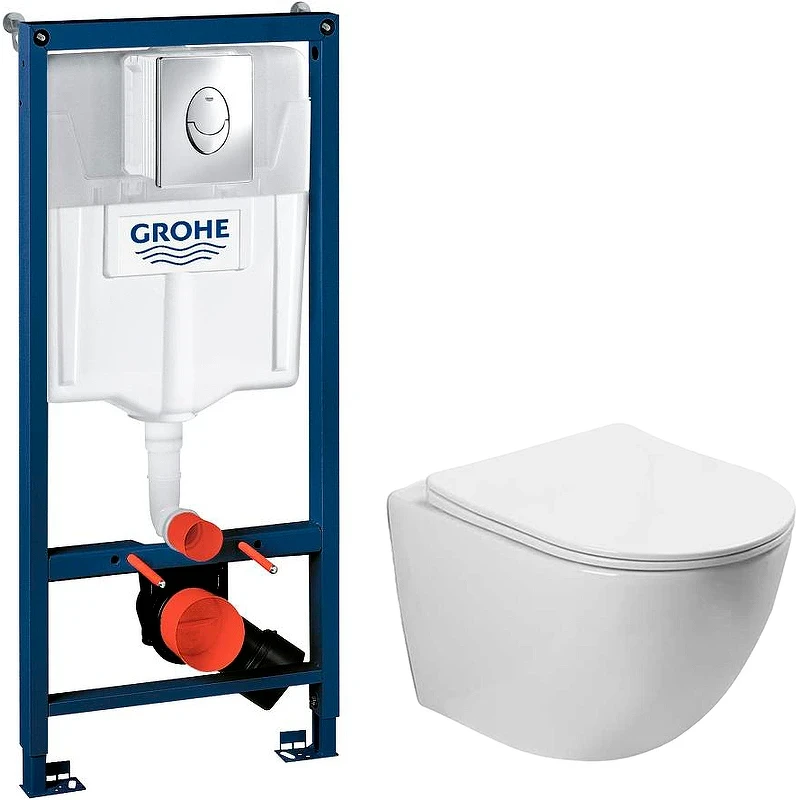 Комплект унитаза Vincea Globo VT1-14S с инсталляцией Grohe Rapid SL 38721001 с сиденьем Микролифт и клавишей смыва Хром фарфор подвесной