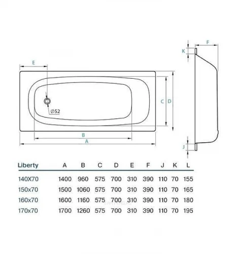 Стальная ванна Koller Pool Liberty 170x70 B70C2200E без антискользящего покрытия