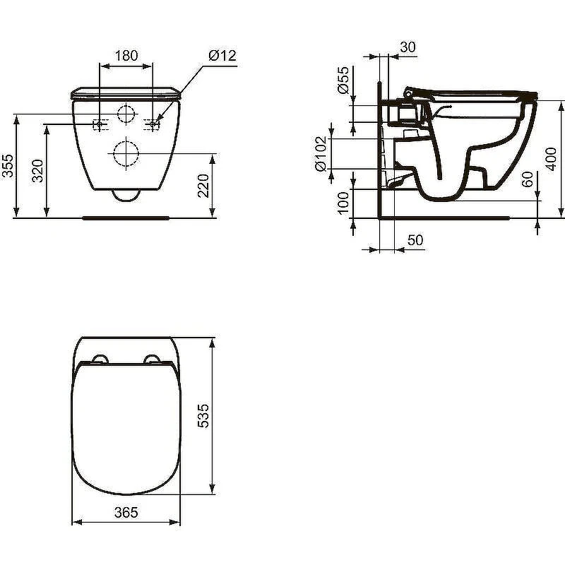 Унитаз с инсталляцией Ideal Standard Tesi Rimless TT00003/123A6 с сиденьем Микролифт и Черной матовой клавишей смыва