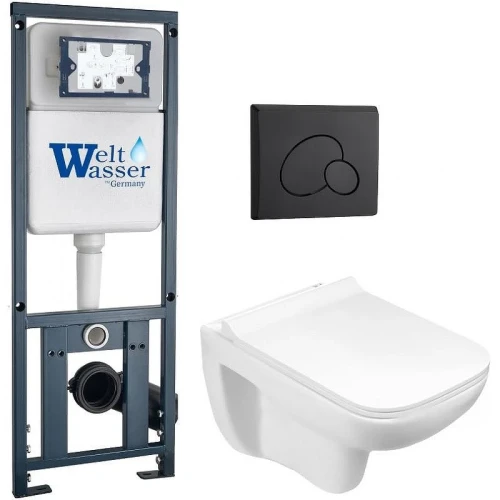 Комплект унитаза с инсталляцией WeltWasser MARBERG 410 + KEHLBACH 004 GL-WT + MAR 410 RD MT-BL 10000010729 цвет Белый глянцевый с сиденьем Микролифт и клавишей смыва цвет Черный матовый
