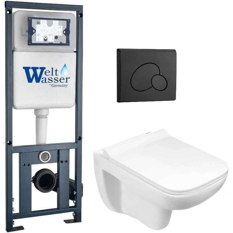 Комплект унитаза с инсталляцией WeltWasser MARBERG 410 + KEHLBACH 004 GL-WT + MAR 410 RD MT-BL 10000010729 цвет Белый глянцевый с сиденьем Микролифт и клавишей смыва цвет Черный матовый