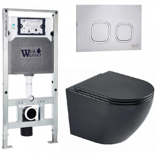 Комплект унитаза с инсталляцией WeltWasser AMBERG 506 ST + MERZBACH 043 MT-BL + AMBERG RD-MT CR 10000011347 цвет Черный матовый с сиденьем Микролифт и клавишей смыва цвет Хром матовый