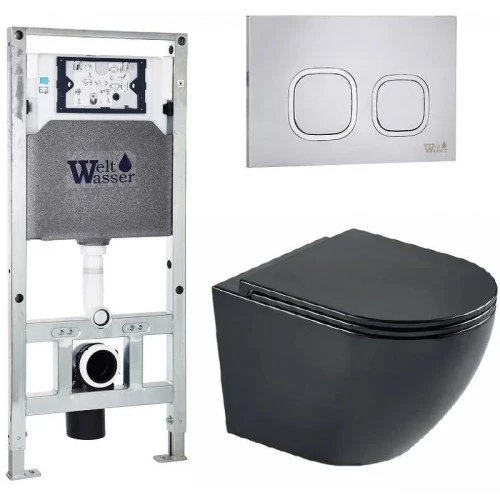Комплект унитаза с инсталляцией WeltWasser AMBERG 506 ST + MERZBACH 043 MT-BL + AMBERG RD-MT CR 10000011347 цвет Черный матовый с сиденьем Микролифт и клавишей смыва цвет Хром матовый