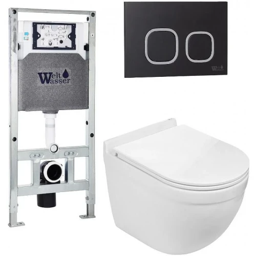 Комплект унитаза с инсталляцией WeltWasser AMBERG 506 ST + HEIMBACH 043 GL-WT + AMBERG RD-BL 10000012151 цвет Белый глянцевый с сиденьем Микролифт и клавишей смыва цвет Черный