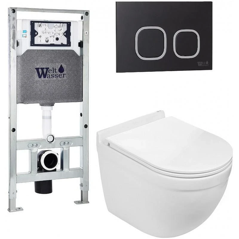 Комплект унитаза с инсталляцией WeltWasser AMBERG 506 ST + HEIMBACH 043 GL-WT + AMBERG RD-BL 10000012151 цвет Белый глянцевый с сиденьем Микролифт и клавишей смыва цвет Черный