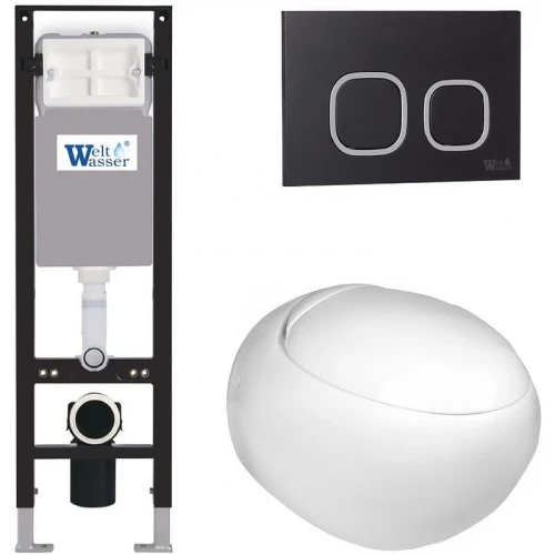 Комплект унитаза с инсталляцией WeltWasser AMBERG 350 + JECKENBACH 004 GL-WT + AMBERG RD-BL 10000012344 цвет Белый глянцевый с сиденьем Микролифт и клавишей смыва цвет Черный