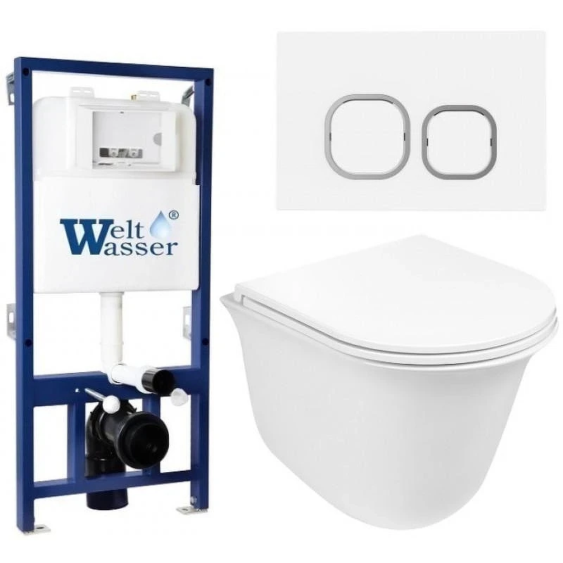 Комплект унитаза с инсталляцией WeltWasser BAMBERG 525 + TELBACH 004 GL-WT + BAMBERG WT 10000012956 цвет Белый глянцевый с сиденьем Микролифт и клавишей смыва цвет Белый