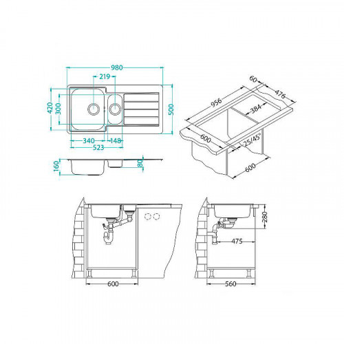Кухонная мойка Alveus Line 10 NAT-90 980x500 1064281 Натуральная сталь нержавеющая сталь встраиваемый
