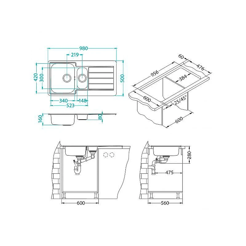 Кухонная мойка Alveus Line 10 NAT-90 980x500 1064281 Натуральная сталь нержавеющая сталь встраиваемый