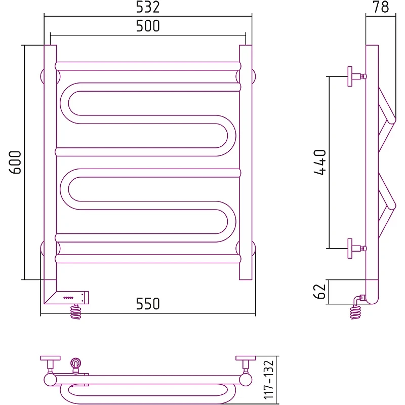 Электрический полотенцесушитель Сунержа Элегия 2.0 600x500 L 00-5218-6050 Хром нержавеющая сталь