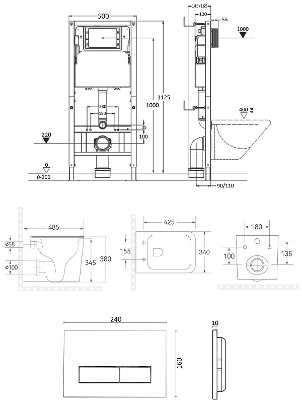Унитаз с инсталляцией Bond Куб FI14-10S+APB255 цвет Белый с сиденьем Микролифт и клавишей смыва цвет Оружейная сталь
