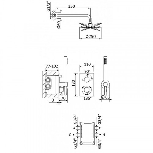 Душевая система Cezares Leaf LEAF-DSIP-T-25-SS с термостатом Sunset латунь встраиваемый
